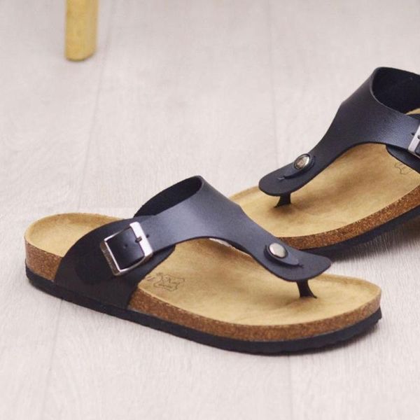 

arrival buckle flip flops women men flat bottom cork slippers bean shoes casual pu single anti-skid outdoor flip-flops, Black