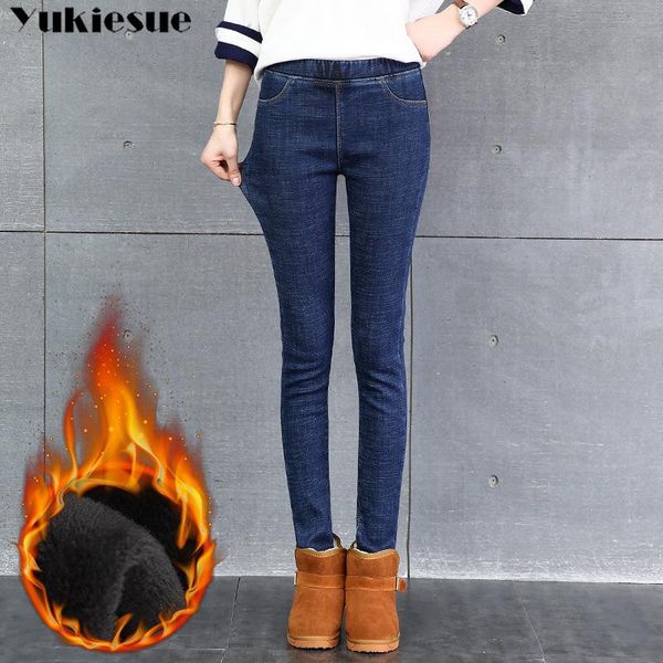 

women's jeans winter warm thick fleece velvet woman's woman with high waist casual denim pencil pants female for women plus size, Blue
