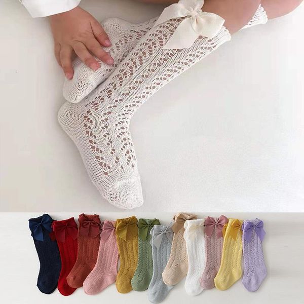 

socks summer baby girls with bow kids long sock knee high cotton hollow out toddlers mesh children princess socken for 0-7 years, Pink;yellow