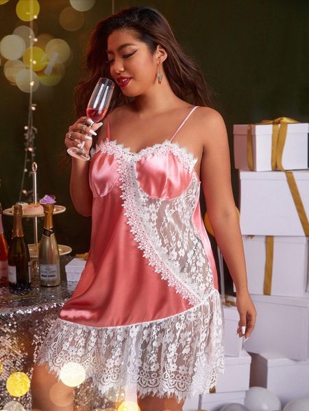 

plus contrast lace satin cami nightdress l9bf#, Black;white