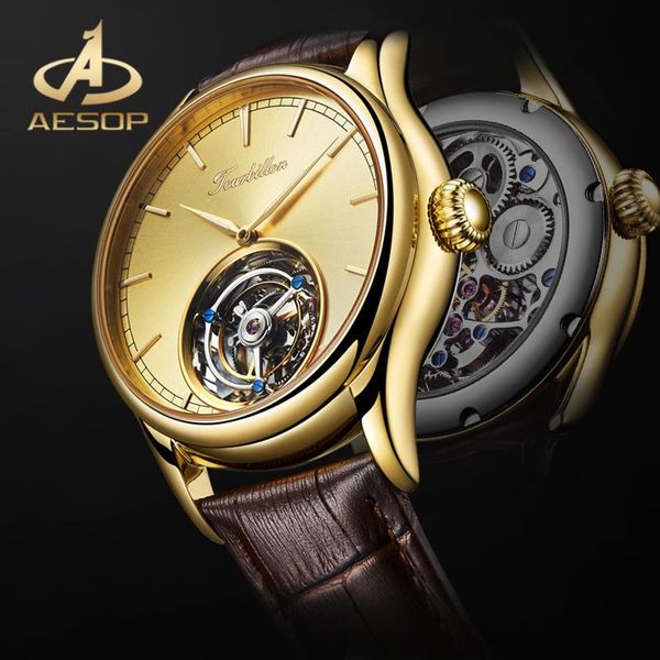 

wristwatches aesop luxury real tourbillon men's mechanical watches 316l stainless steel case double-sided sapphire glass waterproof wat, Slivery;brown