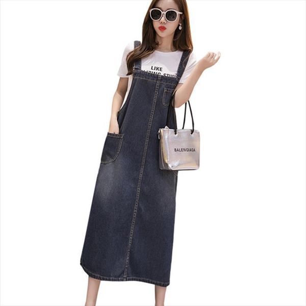 

summer long denim dress womens tanks sundress fashion pockets casual loose overalls dresses female blue strap jeans plus size 5xl, White