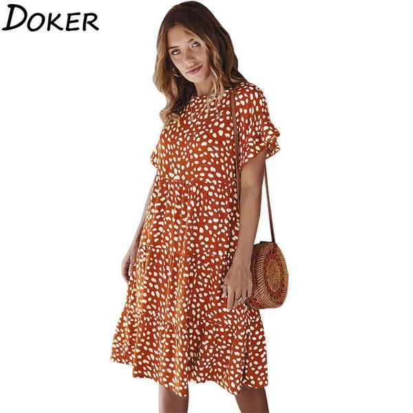 

new dresses for women summer dot print o-neck short sleeve boho beach dress woman loose yellow casual midi dress femme 210423, Black;gray