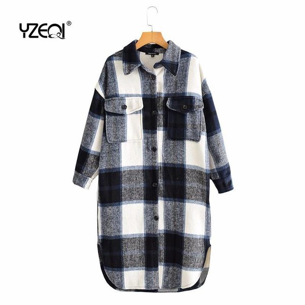 

women's jackets yzeqi 2021 women jacket green plaid long coat female casual shirt vintage pattern woolen girl outwear, Black;brown