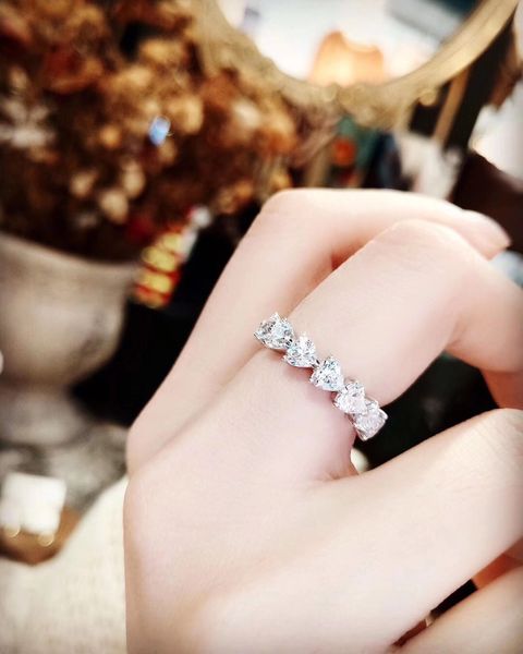 Anello a fascia punk in argento S925 con diamante a forma di cuore per regalo di gioielli da sposa da donna PS4197