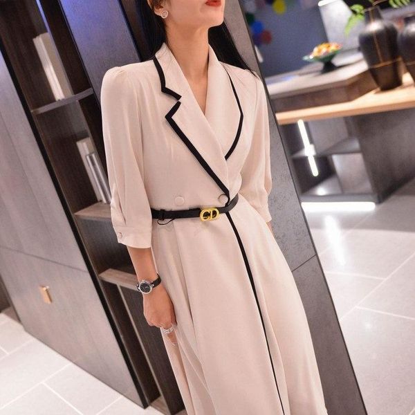 

casual dresses cut edge and close waist to show thin temperament goddess style suit collar dress medium long 21 in, Black;gray