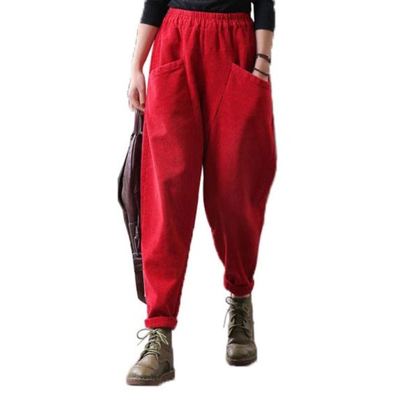 

vintage corduroy women elastic waist casual loose harem pants long trousers ladies' solid colour multi-pocket gum women's & capris, Black;white