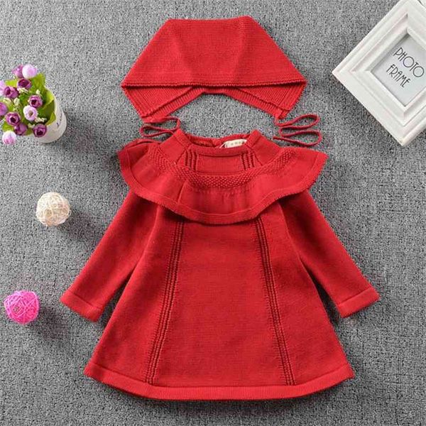 

autumn baby kids girl dresses for s knit and hat long sleeve 210521, Red;yellow