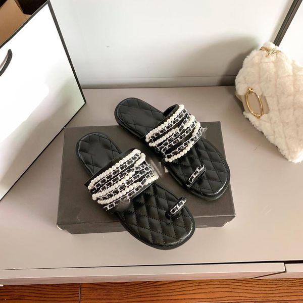 

slippers kmeioo summer outside slides fashion flat shoes pearl chain flats sandals slip-on shoe for women casual, Black