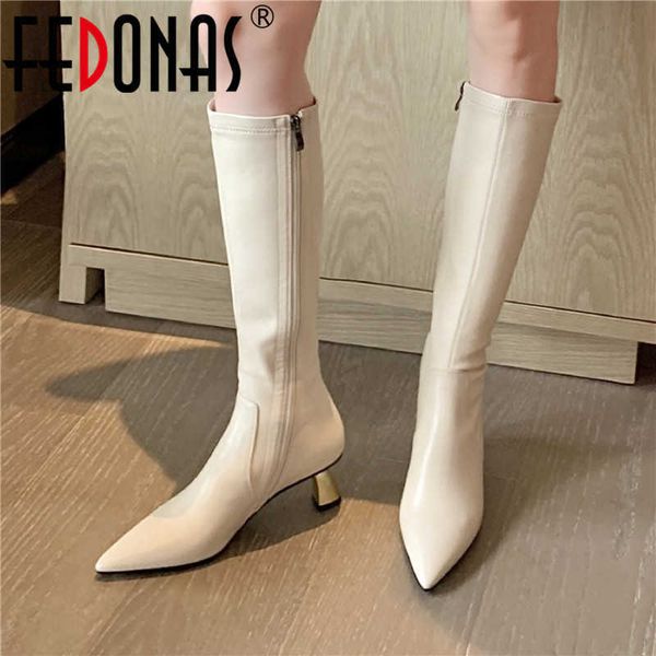 

elegant ladies shoes winter keep warm knee high boots genuine leather heels for women woman 210528, Black