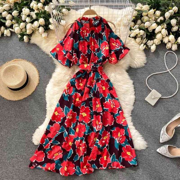 

casual dresses holiday vintage boho dress summer female hanging neck strapless flared sleeve slim mid-length printed dress vestido, Black;gray