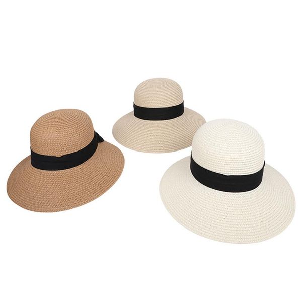 

summer women's beach hat wide side female casual lady classic flat bowknot straw sun women fedora uv floppy outdoor hats, Black;white