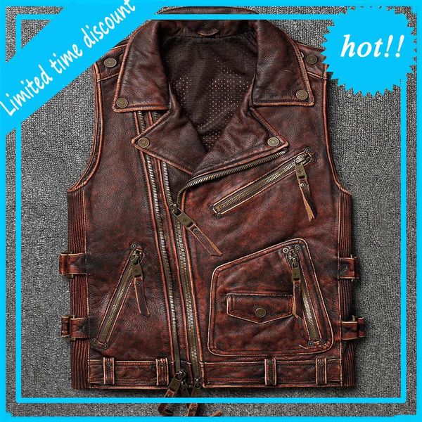 

men's vests soft cowhide vest large size motorcycle biker sleeveless jacket for male thick genuine leather vintage, Black;white