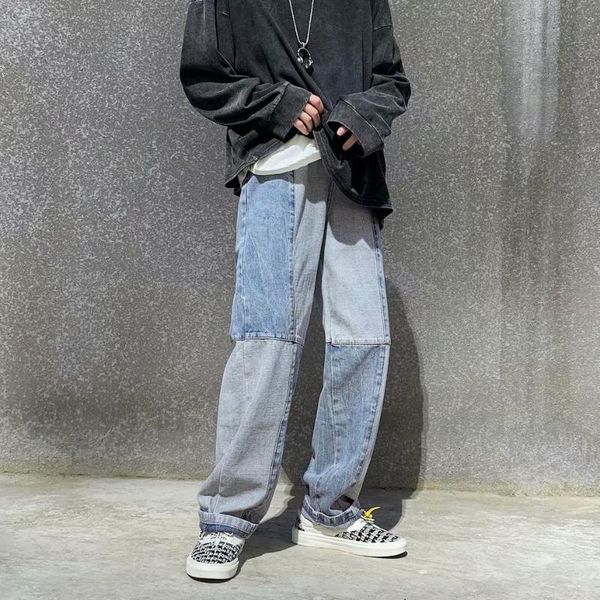 

men's jeans patchwork straight campus casual trousers students cowboy pants loose streetwear, Blue