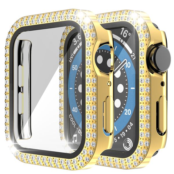 Étuis de protection d'écran à double diamant Bling Étui de protection PC pour Apple Watch iWatch série 6 5 4 3 44 mm 42 mm 40 mm 38 mm 41 mm 45 mm avec emballage de vente au détail