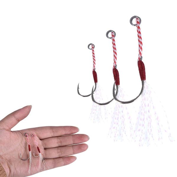 

fishing hooks 20pcs/lot high carbon steel lure slow jigging cast jigs assist hook barbed single jig thread feather pesca
