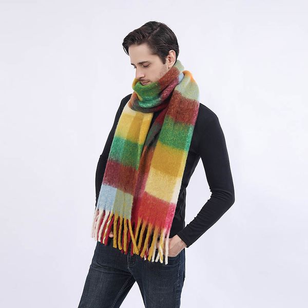 Extra langer, weicher, warmer Schal mit Quasten, leuchtende Farben, karierte Streifen, Stoffschals, 250 cm x 36 cm