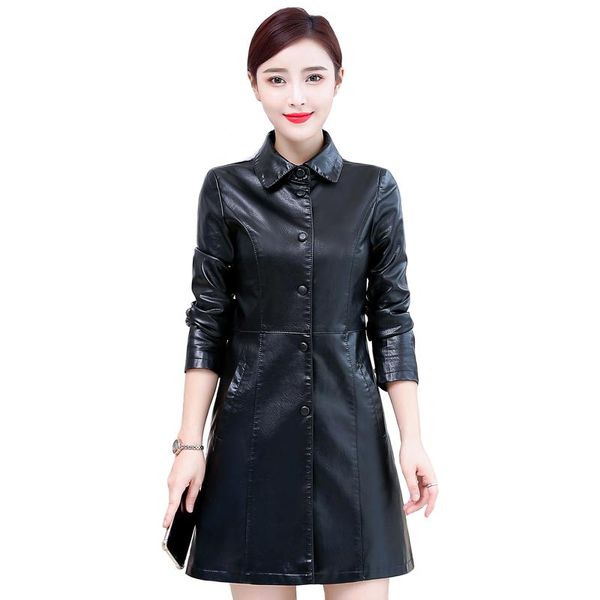 

women's leather & faux women jacket plus size 5xl autumn soft washed pu trench long coats female outerwear black