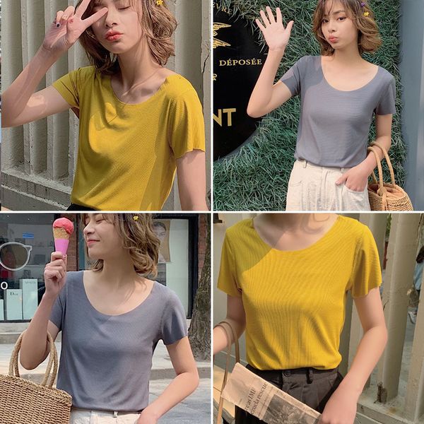 

T-shirt Summer solid round neck short sleeve T-shirt women's Korean version 2019 new slim knit top, White