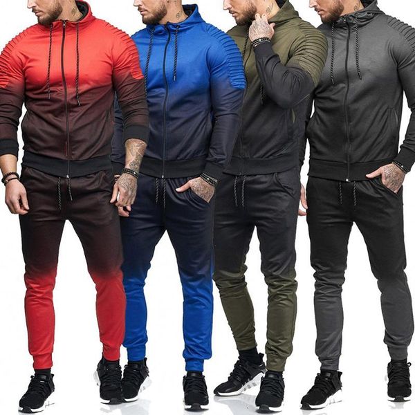 

men's tracksuits fashion gradient tracksuit set zipper hoodie & pants outwear trackies 9krr, Gray