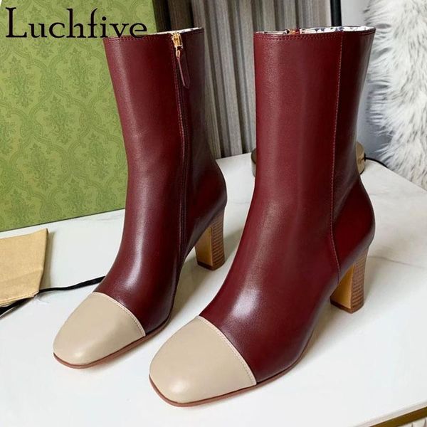 

boots real leather patchwork winter shoes women zip high heels female botas designer casual black white 2021 zapatos
