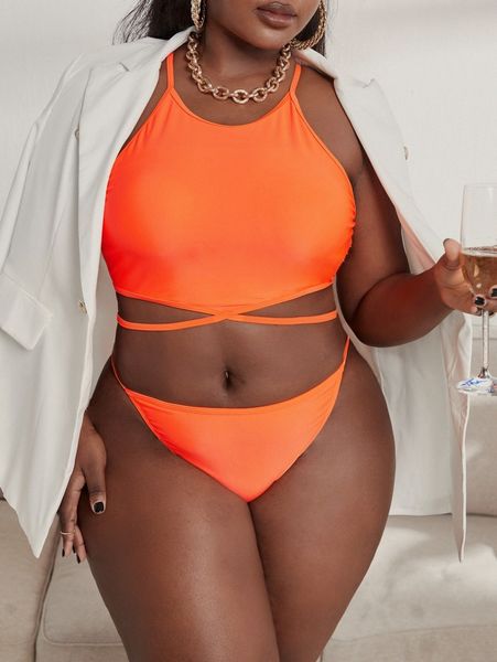 

plus criss cross tie back bikini swimsuit 84vi#, Black