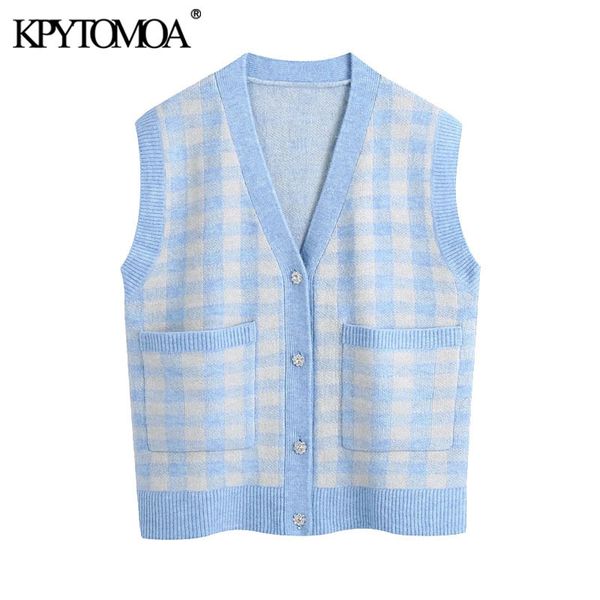 

women fashion oversized check knitted vest sweater vintage v neck rhinestone button female waistcoat chic 210416, White;black