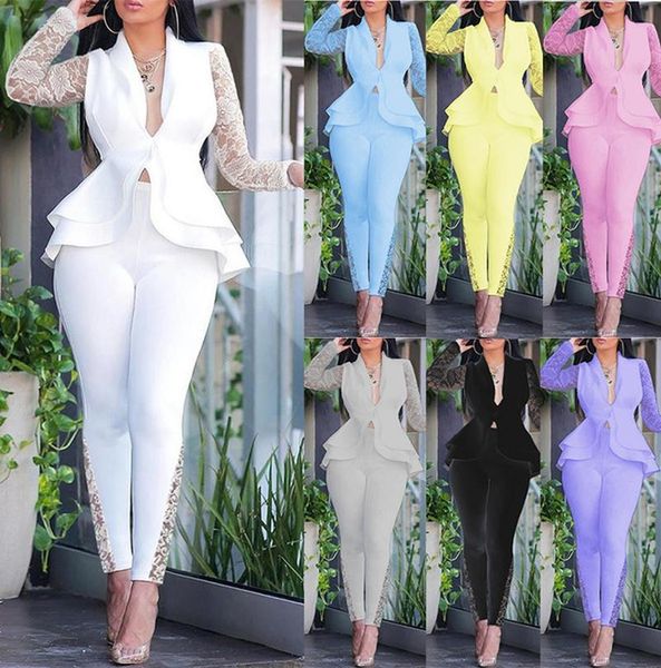 

women's two piece pants 2 set women long sleeve ruffle and suit autumn elegant ladies lace blouses leggings tracksuits plus size, White