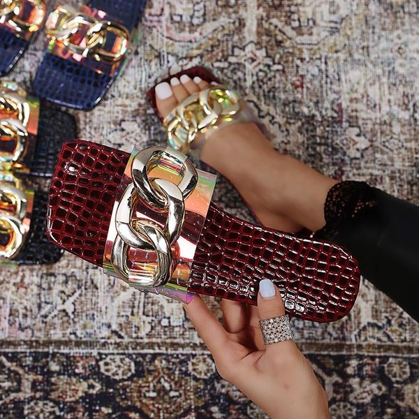 

slippers women summer metal decoration square heel sandals light comfortable outdoor beach flat slides fashion, Black