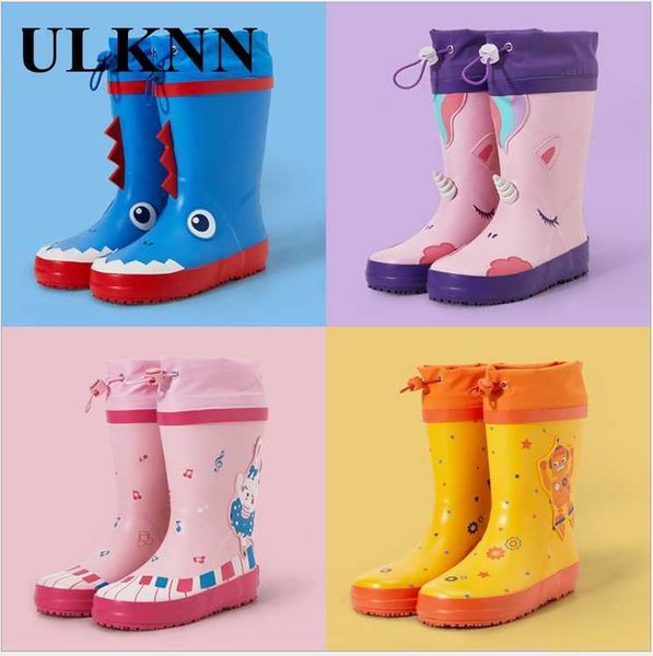 

toddler kids rain boots rubber cute printed with easy-on handles, Black