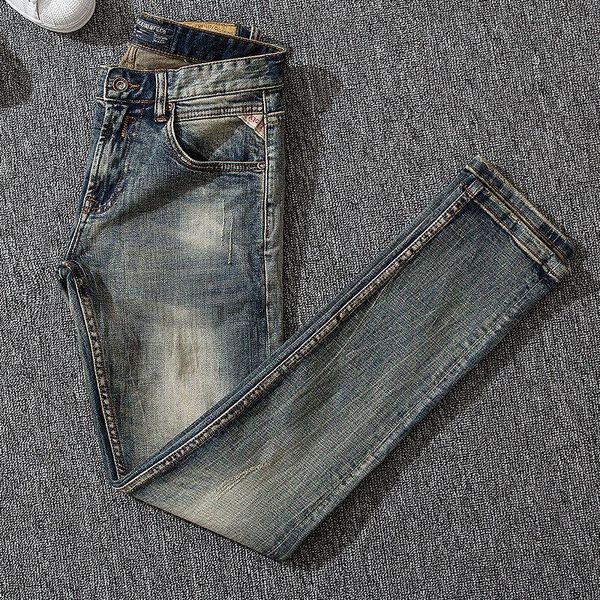 

italian style fashion men jeans retro washed slim fit ripped vintage designer elastic cotton denim pants men's, Blue