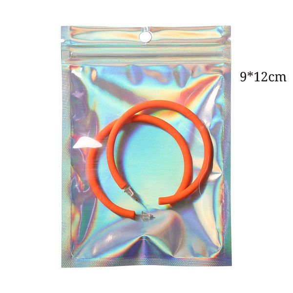 Borsa per pacchetto in lamina di Mylar olografica con esposizione di materie prime da 9 * 12 cm con foro per gancio sulla parte superiore Borse per imballaggio con staffa arcobaleno colorato