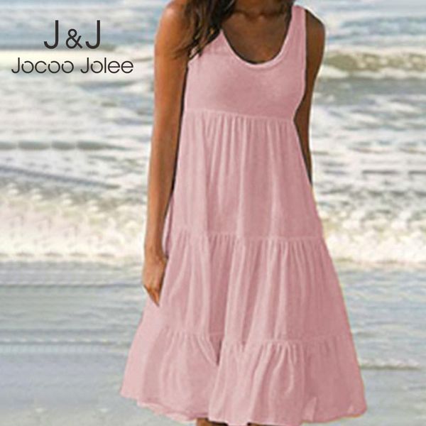

jocoo jolee plus size 5xl loose dress casual sleeveless o neck ruffles mini dress elegant solid beach dress summer sundress 210518, Black;gray