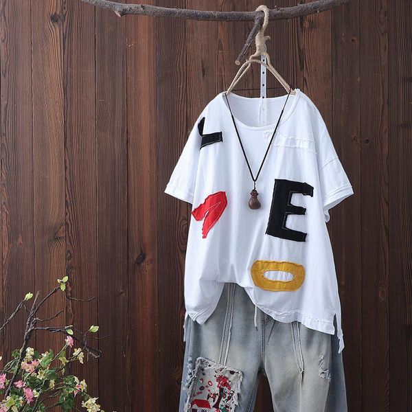 

women's t-shirt summer arts style women short sleeve loose t-shirt appliques letter o-neck casual tshirt cotton plus size s58, White