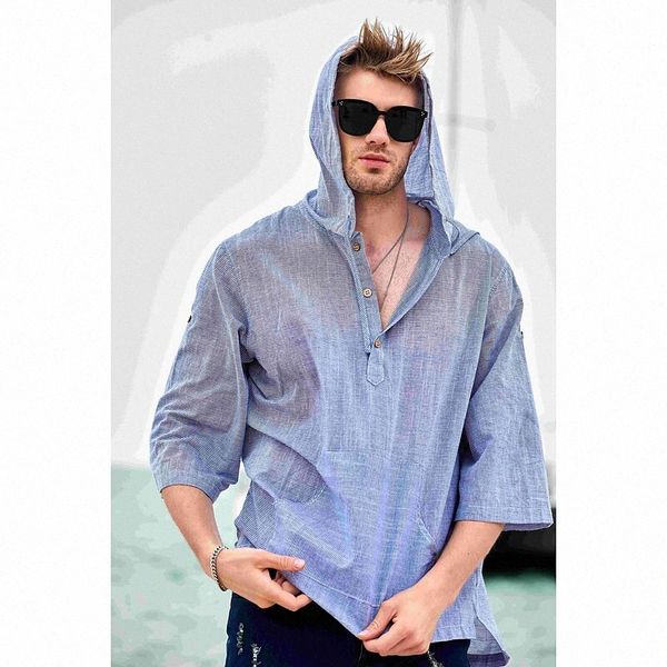 

men's shirt non-printing striped collar hooded daily weekend half sleeve cotton basic blue khaki light blue y4sl#, White;black