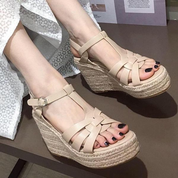 

dress shoes ribetrini brand design open toe platform wedges straw heels buckle summer women's sandals 2021 party cutout women, Black