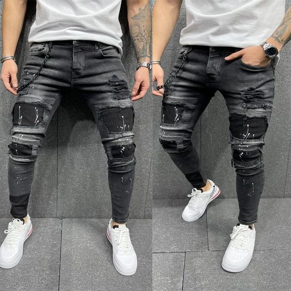 

men's jeans shzq men ripped skinny zipper black patchwork biker pencil pants locomotive denim streets hip hop draped male, Blue