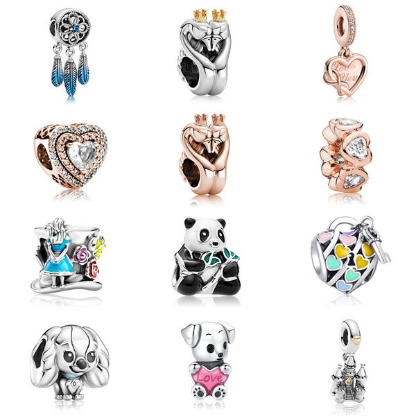 Passend für Pandora-Armbänder. 20 Stück „Love You Heart Panda Crown Swan Dog Doggy“ Kristall-Herz-Anhänger-Charms-Perlen Silber-Charms-Perle für Frauen DIY europäischer Halskettenschmuck