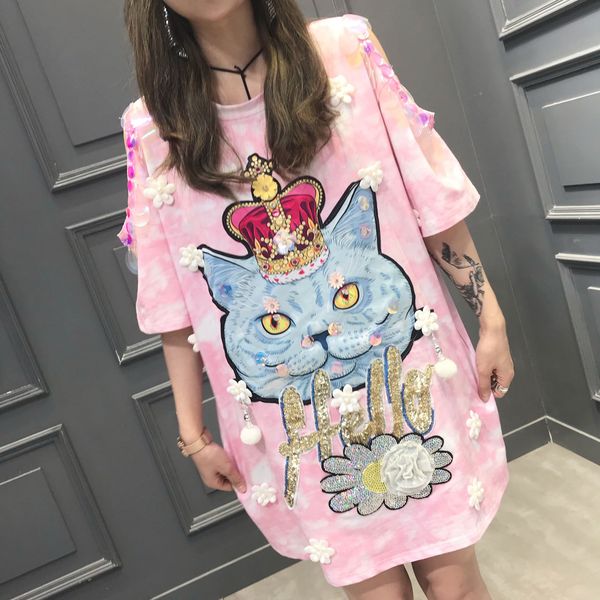 

polo hip-hop street brand summer ladies handmade cartoon cat letter sequin flower tassel sweet t-shirt female, White