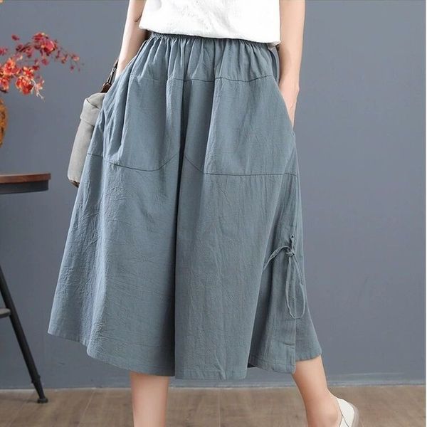

summer loose bloomers casual elastic waist wide leg pants large size middle waist women's solid color culottes cropped pantscx220310, Black;white
