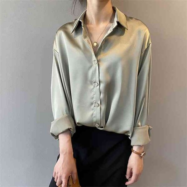 

2021 autumn button up satin silk shirt women vintage blouse women white lady long sleeves female solid loose shirts blusas 11355