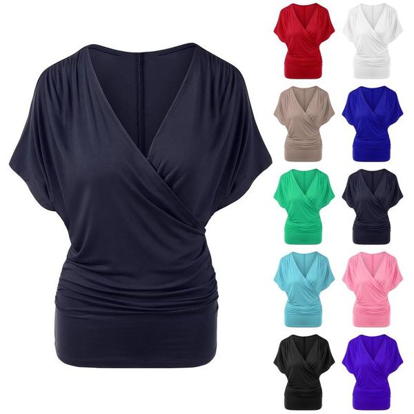 

women's t-shirt fashion ladies solid color v-neck short-sleeved pleated sual graphics avocado shirt women, White