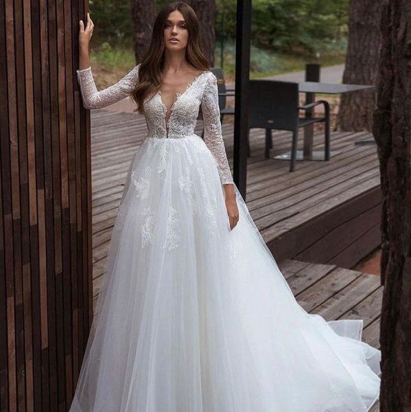 

other wedding dresses 2021 deep v neck long sleeves tulle dress illusion back appliques princess garden gowns vestido de noiva, White
