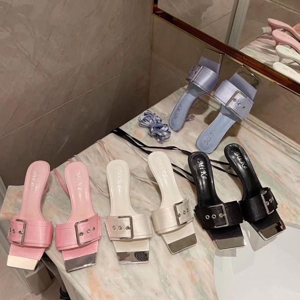 

sandals fashion women satin design belt buckle slippers 2 wear ways cross strap lace up elegant summer dress shoes woman size 39, Black