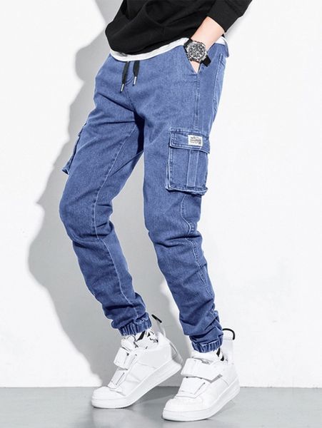 

men letter patched flap pockets cargo jeans r9qm#, Blue