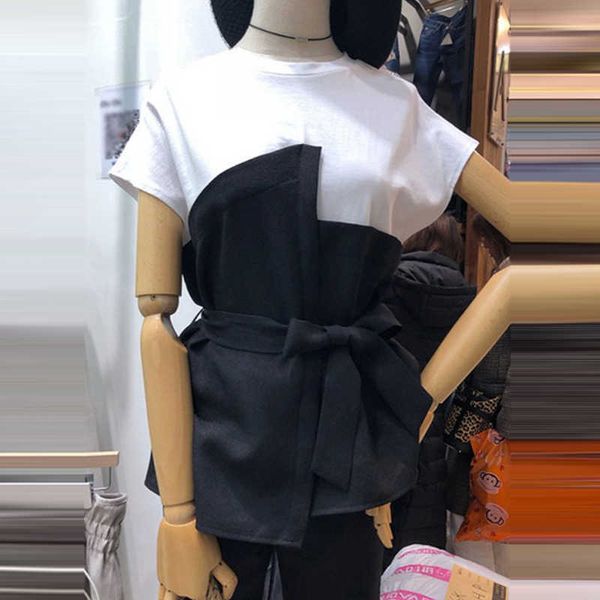 

spring summer fashion irregular tie waist patchwork o neck t-shirt fake two women 210615, White