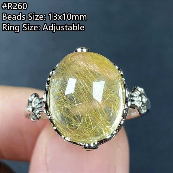 Grande Natural Rutilated Rutilated Anel de Quartzo para Mulheres Homem sorte Beads Prata Riqueza Cristal Gemstone Ajustável Jóias AAAAA 211217