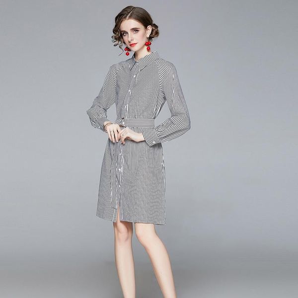 

striped women dress belt high waist dresses black 5601 casual, Black;gray