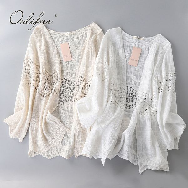 

summer women shirt long sleeve transparent white lace beach blouse 210415