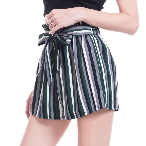 

summer women high waist self belted striped shorts elastic boho culottes women's, White;black